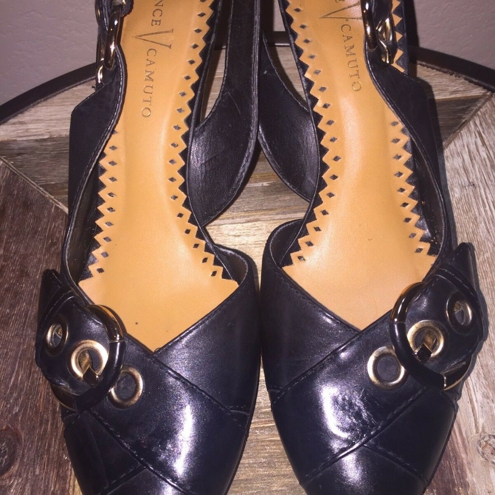 Vince Camuto Black Toe Buckle Accent Slingbacks